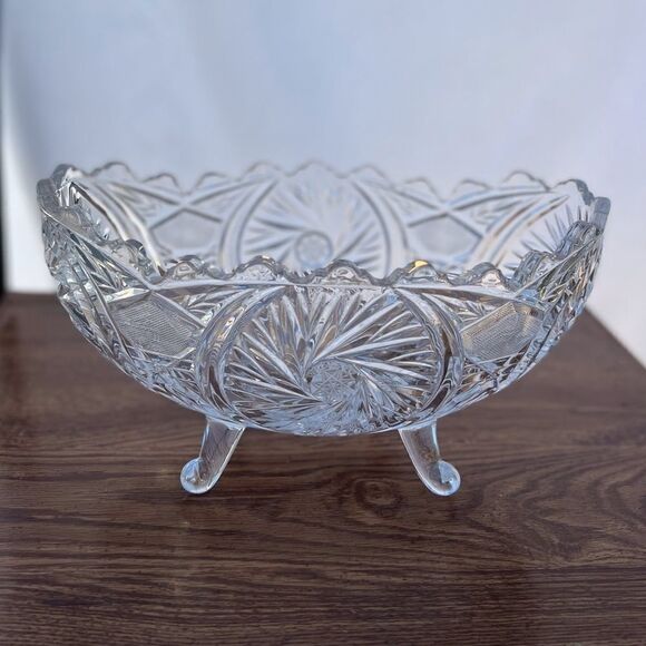 Bohemia Vintage Cut Crystal Scalloped Edge Footed Oval Bowl Vase - Picture 1 of 10